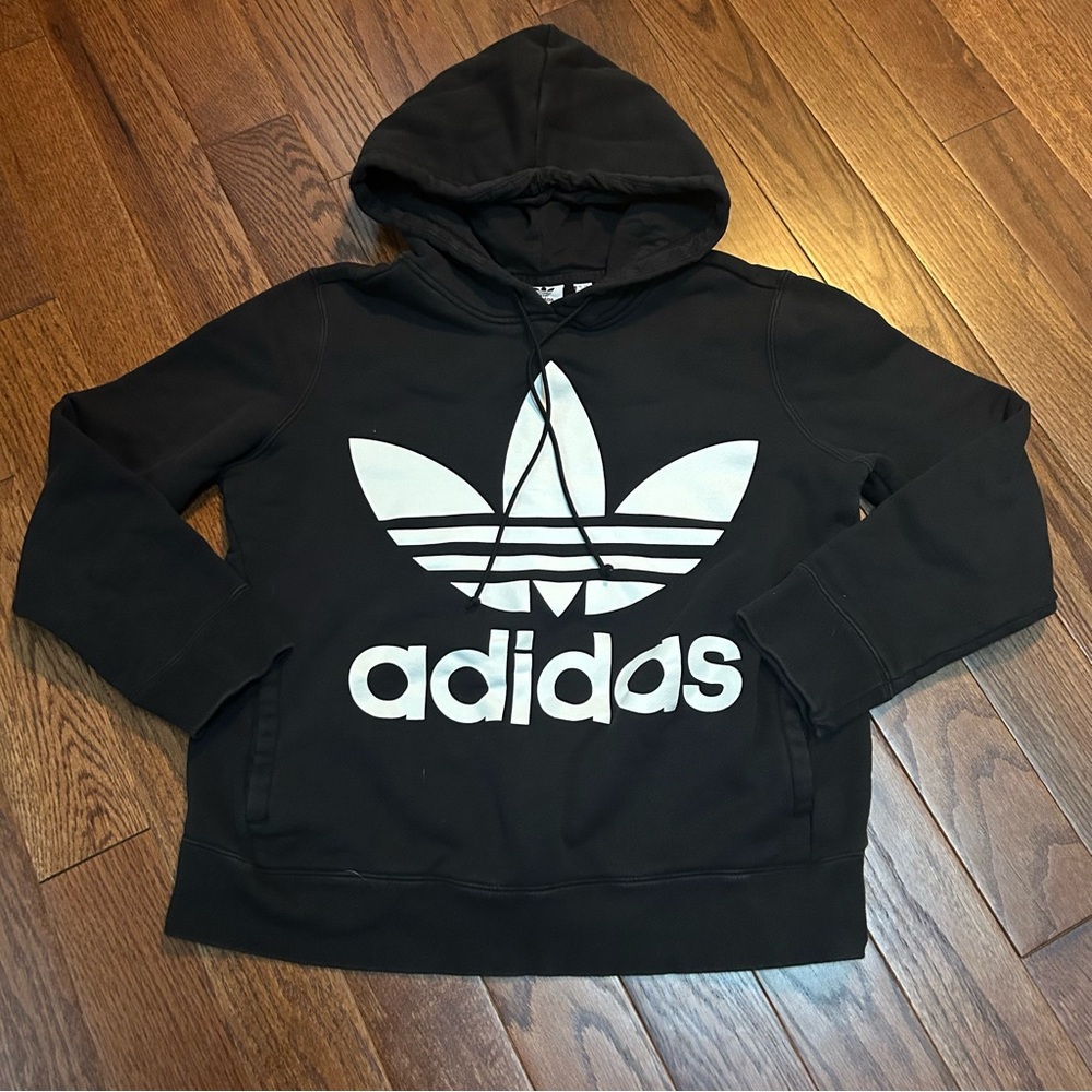 Adidas Black Hoodie with White Trefoil Logo - size S
